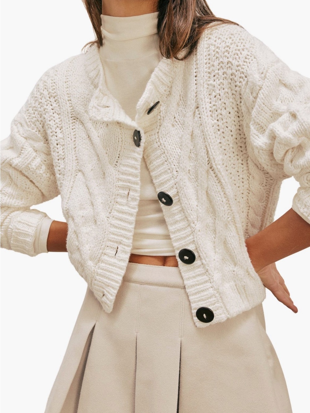 Free People Cotton Bonfire Cream Cable Knit Button-Up Cardigan